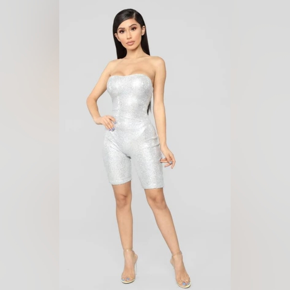 Fashion Nova Metallic Silver Strapless Romper - Picture 1 of 6